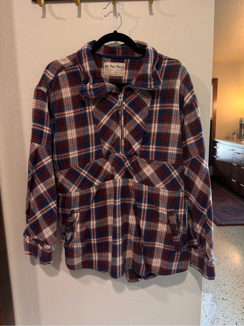 We The Free Navy, Red & White Plaid Half-Zip Teddy Jacket